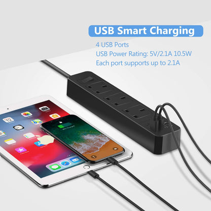 JSVER Extension Lead with 4 USB Ports Desktop Power Strip Smart Charging Station 3 Outlets USB Power Socket for Home Travel, Black
