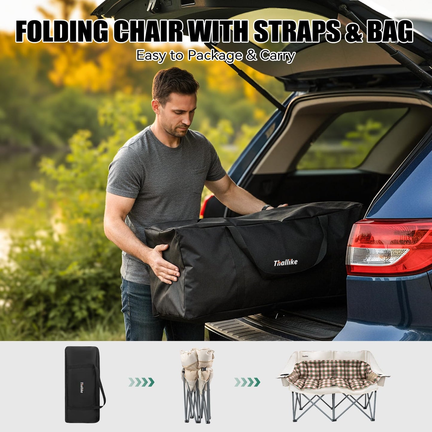 Thallike Double Camping Chair, Oversized 2 Person Camp Chairs with Cup Holders Side & Backrest Mesh Pockets Padded Loveseat Camping Chair Foldable for Outdoor Lawn Backyard Beach Support 800LB