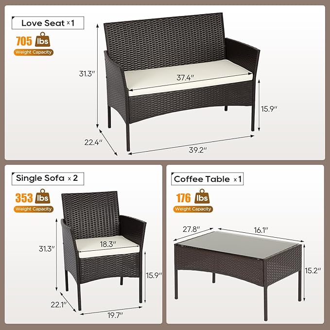 FDW | 4-Piece Patio Furniture Set | Brown | Outdoor Wicker Furniture