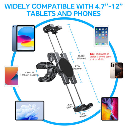 Coolpow Spin Bike Tablet Holder Mount【360° Adjustable】 Clamp Handlebar Bike ipad Holder Fit Treadmill, Stationary Bicycle,Microphone Stand Fit for iPad Pro, iPad, Galaxy Tabs, iPhone (4.7-12.9")