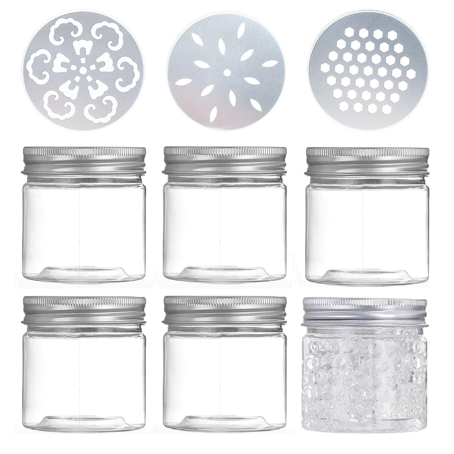 6 pcs 150ml 5 OZ 3 Styles Scented Beads Container Air Freshener Solid Perfume Aroma Diffuser Empty Storage Containers with Hollow Lids Round Jars Sample for Aromatherapy (6)