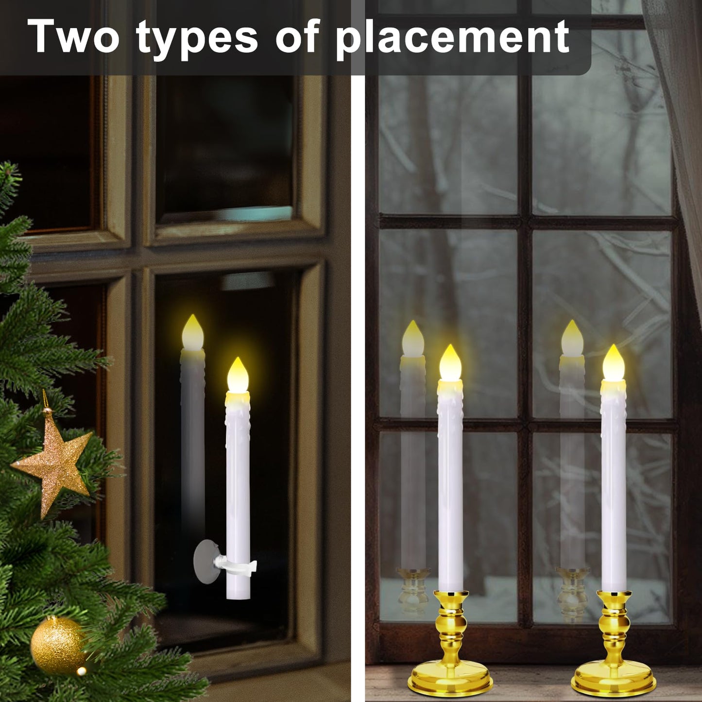 Kithouse 12 Pack Flameless LED Window Candles with Drip Texture,Removable Candle Holders,24 AAA Batteries,Daily Timer,ON/Off Remote,12 Window Suction Cups,Christmas Home Wedding Decor(Gold)