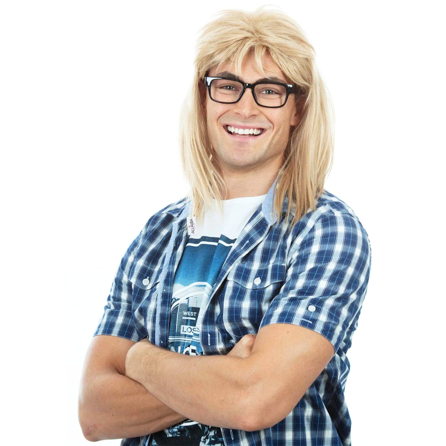 ALLAURA - Garth Algar Wig 90s Guitar Rocker Blonde Mullet Wig + Black Glasses - Mens 80s Punk Heavy Metal Blonde Mullet Wigs