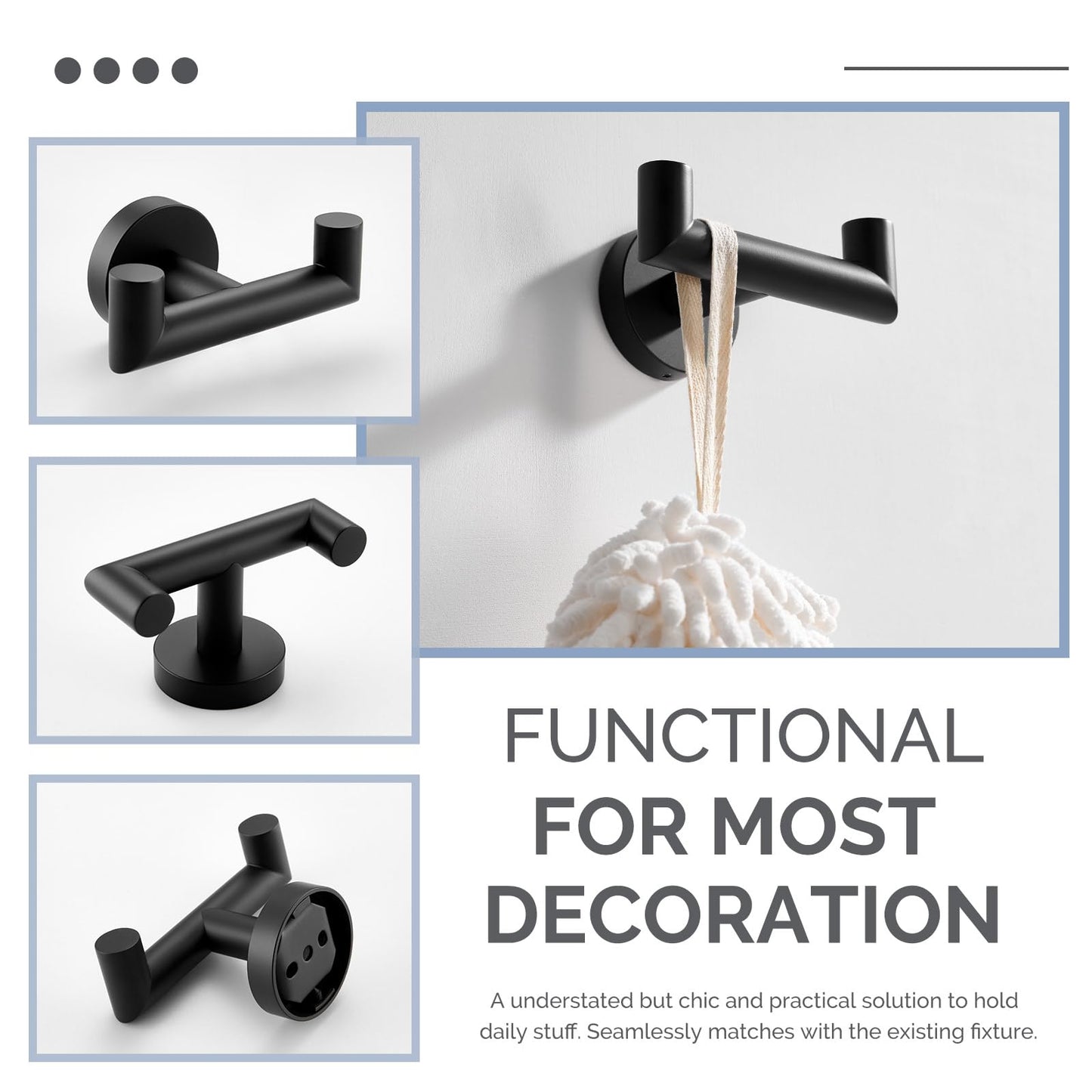 Angle Simple Double Towel Hook, SUS304 Stainless Steel Bathroom Hand Towel Holder, Coat Hook for Wall, Matte Black