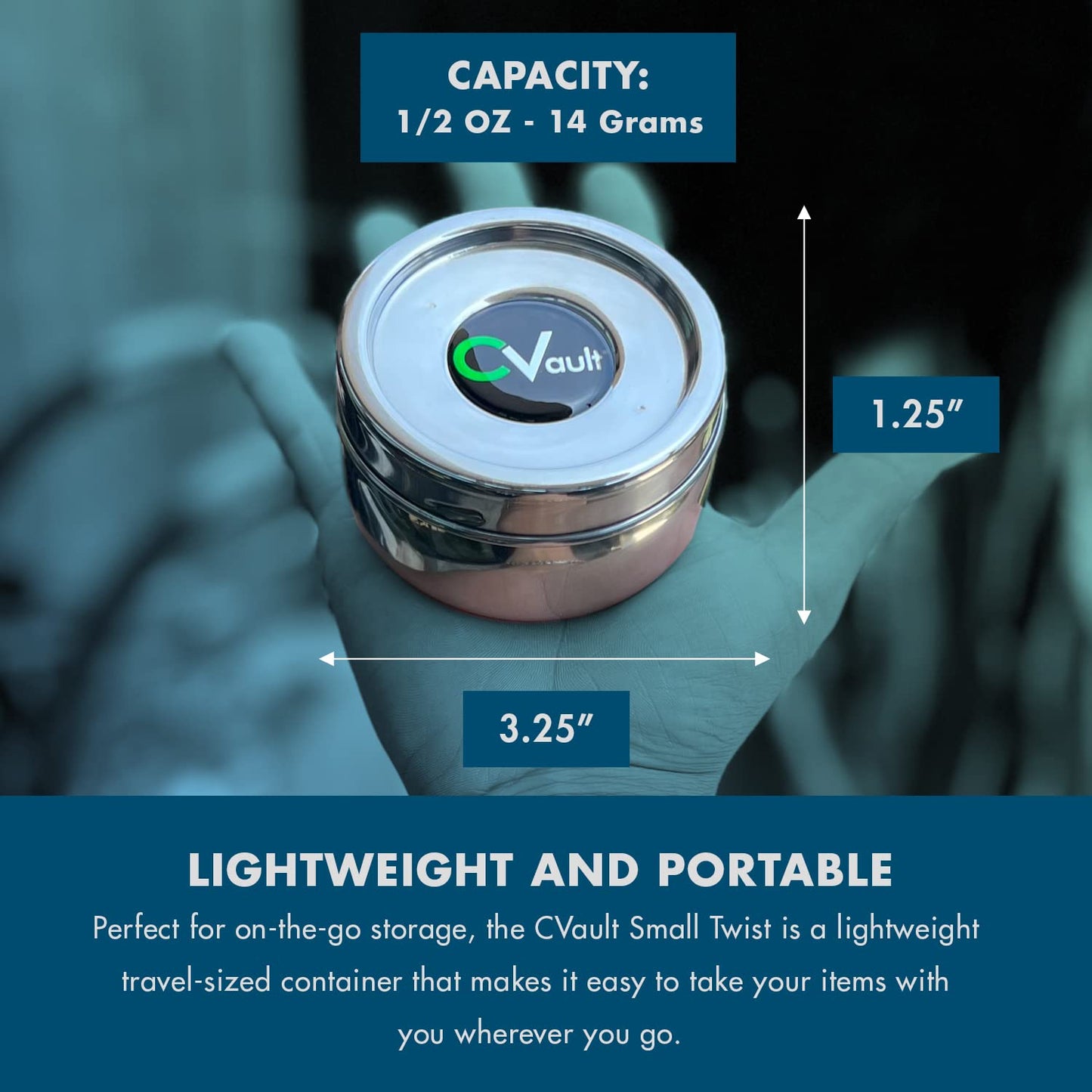 CVAULT | 1/2 oz Twist Top Storage Container | Shatterproof, Air Tight & Light Resistant | Food Grade Stainless Steel | Includes 62% RH 8-gram humidity pack