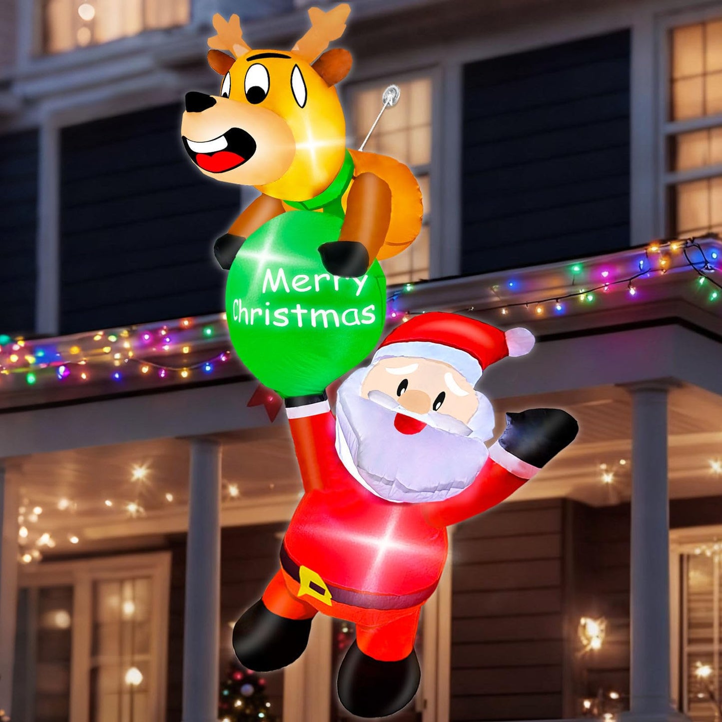 6 Ft Hanging Christmas Inflatables, Reindeer Pulling Gift with Climbing Santa Window Funny Blow Up Outdoor Christmas Decorations with Built-in LEDs Lights for Xmas Yard Lawn Home Roof Holiday Display