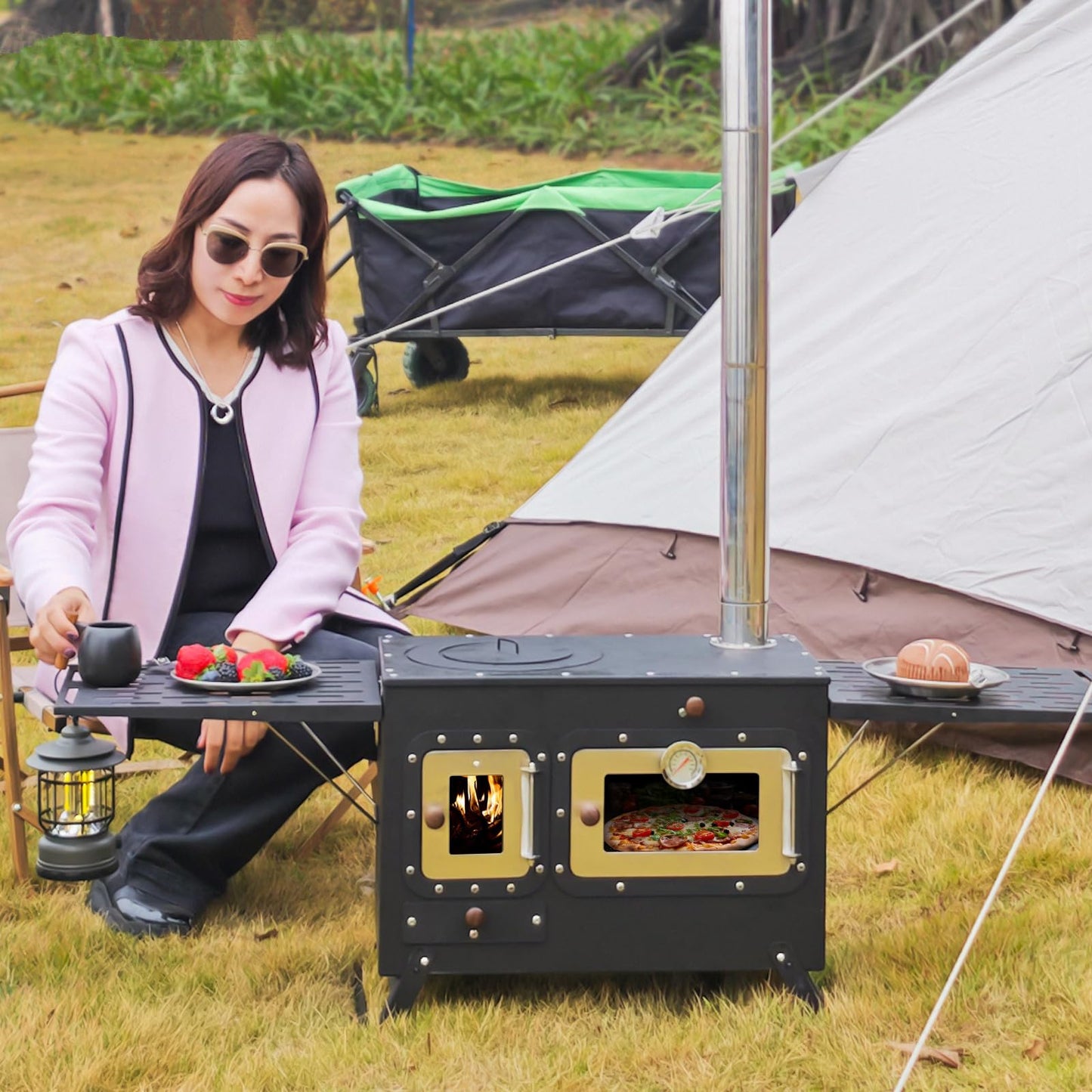 Large Outdoor Camping Cooking Stove with Oven Portable Hot Tent Stove with Pellet Bin Burner Chimney