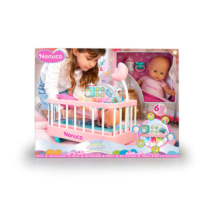 Nenuco - Good sleep cradle, interactive cot with lights and sounds, with a soft body doll for the youngest children and accessories such as bottle and soother, Famosa (700017203)