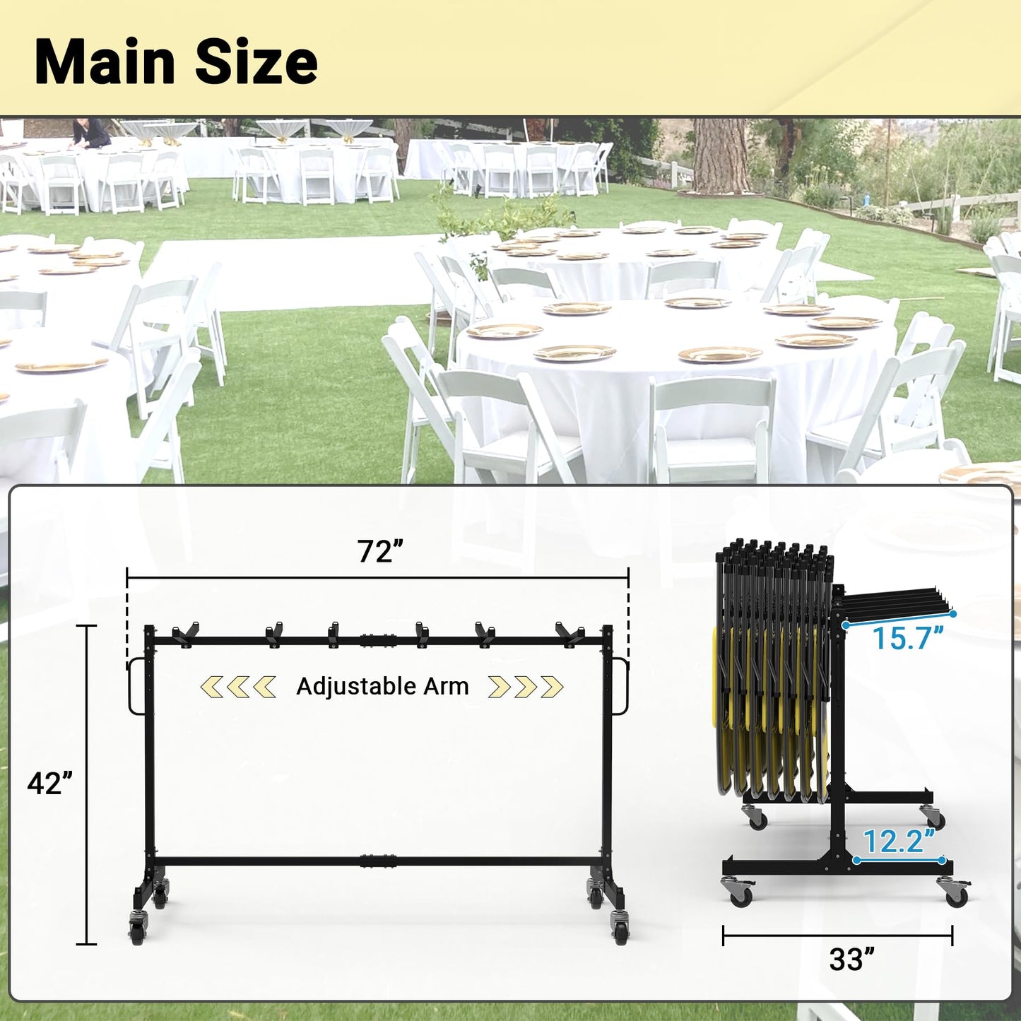 Eastrexon Folding Chair Rack, Heavy-Duty Folding Chair Cart with Swivel Wheels, 600 LBS Capacity for 12 Tables or 42 Chairs, Chair and Table Cart w/Dust Cover and 2 Binding Ropes, 72”L x 33”W x 42”H