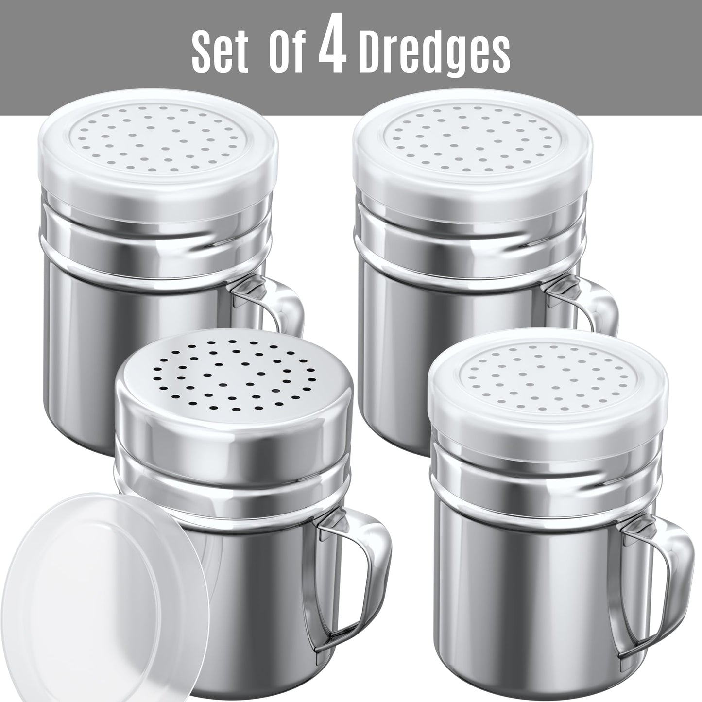 CUSINIUM 10oz Stainless Steel Salt Pepper Dredge Shakers - With Plastic Cap - With Handle - Pack of 4