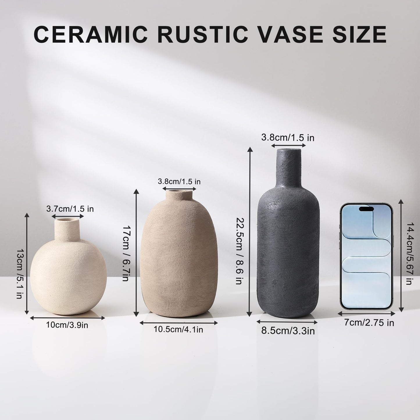 Ceramic Vase Set, Rustic Distressed Large Flower Vases in Pottery Decor, Modern Boho Farmhouse Decor for Pampa Grass, Dried & Fresh Flowers, Decorative Vase for Living Room, Kitchen, Entryway, Black