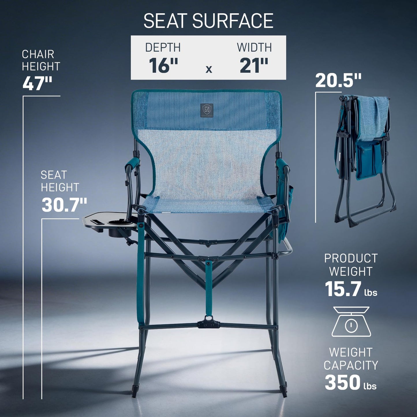 EVER ADVANCED Portable 30.7" Seat Height Tall Folding Camping Chair Directors Chair High Foldable Bar Stool with Side Table for Makeup Artist, Sports Event, Craft Show, Stretch Mesh, Supports 350LBS