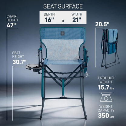 EVER ADVANCED Portable 30.7" Seat Height Tall Folding Camping Chair Directors Chair High Foldable Bar Stool with Side Table for Makeup Artist, Sports Event, Craft Show, Stretch Mesh, Supports 350LBS