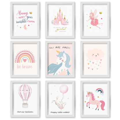 JJY 9 Pcs Cartoon Castle Wall Art Decor for Girls Room -Inspirational Rainbow Wall Art Prints -Whimsical Rabbit & Hot Air Balloon Wall Decor Posters Aesthetic for Kids Room Lovely Gift (Unframed)
