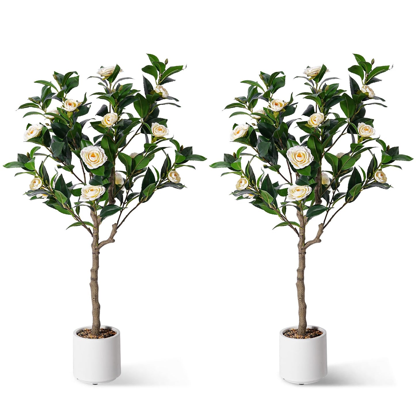 Jocoevol 4FT Artificial Camellia Tree 2 Pack, Fake Floral Plant with Realistic Trunk, Leaves, Flowers & Planter, Flower Artificial Tree, Artificial Flower for Front Porch Decor & Housewarming Gift