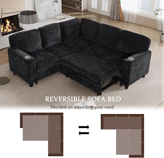 L-Shaped Sectional Couch with Storage and Pull Out Bed, Convertible Sofa Bed