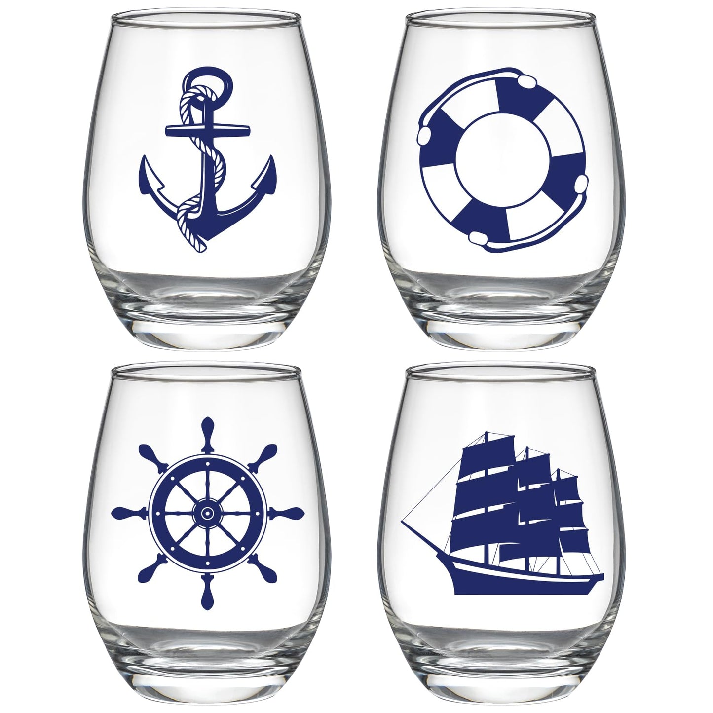 Nautical Stemless Wine Glasses Set of 4, Nautical Decor for Boaters, Sailors Birthday Gift, Anchor Compass Life Ring Helm Beach House Glasses 15oz, Coastal Ocean Marine Glasses for Wine or Cocktail