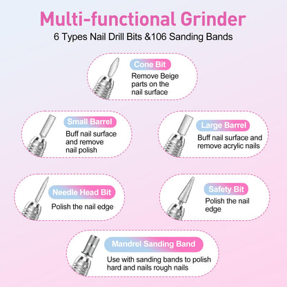 20000RPM Electric Nail Drill Professional Nail File Drill Acrylic Nails Kit for Manicure Gel Nail Polish Remover with 1 Pack of Sanding Bands(Pink)