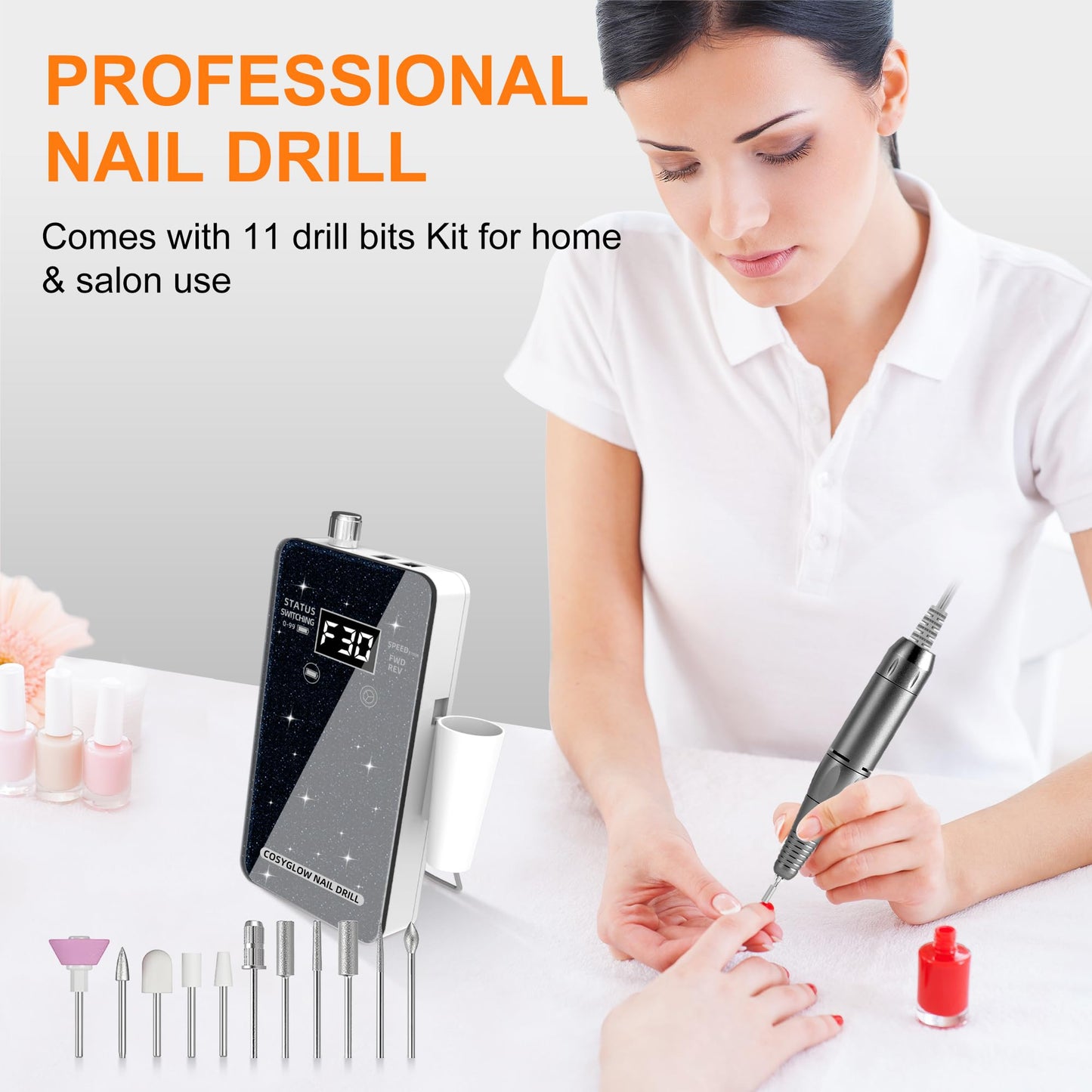 Professional Electric Nail Drill File:COSYGLOW Glitter Portable Cordless E-File Nail Drill Kit with 11 Drill Bits,30000 RPM Rechargeable Nail Drills Machine for Acrylic Nails Gel Polishing (Pink)