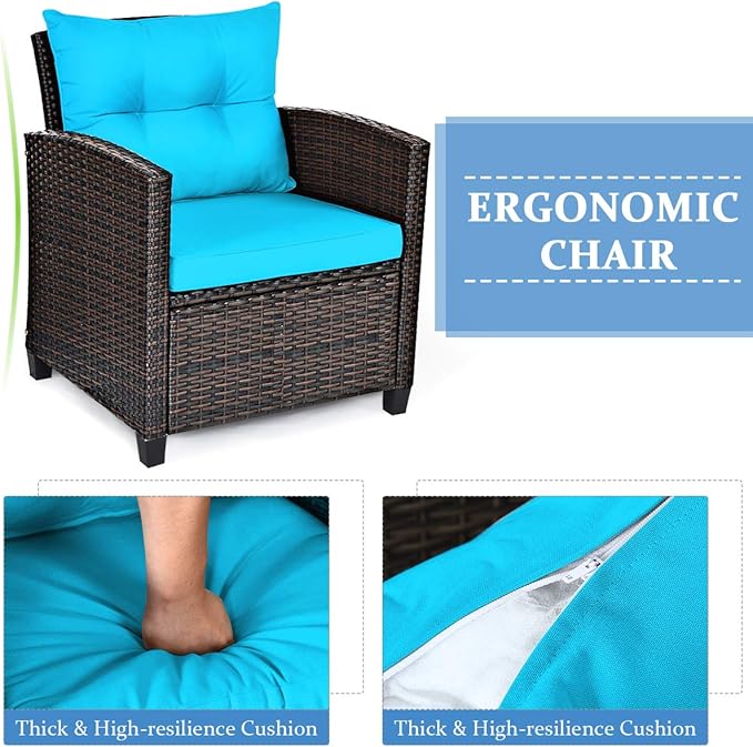 COSTWAY 3PCS Patio Furniture Set, PE Rattan Wicker Sofa w/Washable Cushion and