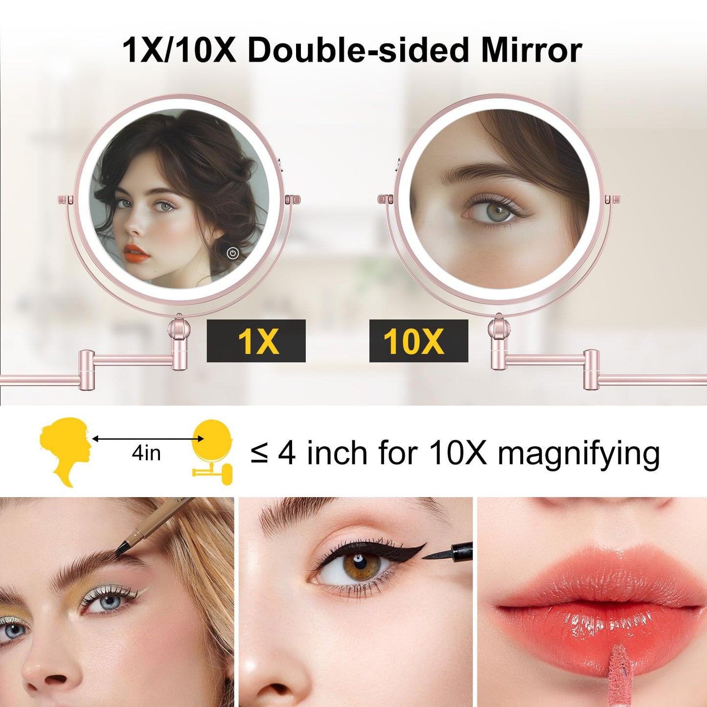 9" Wall Mounted Lighted Makeup Mirror,4000mAh Rechargeable Double Sided 1X/10X Magnifying Mirror with Light,3 Color Lights,Touch Dimmable,Extended Arm 360 Rotation Wall Mounted Makeup Mirror
