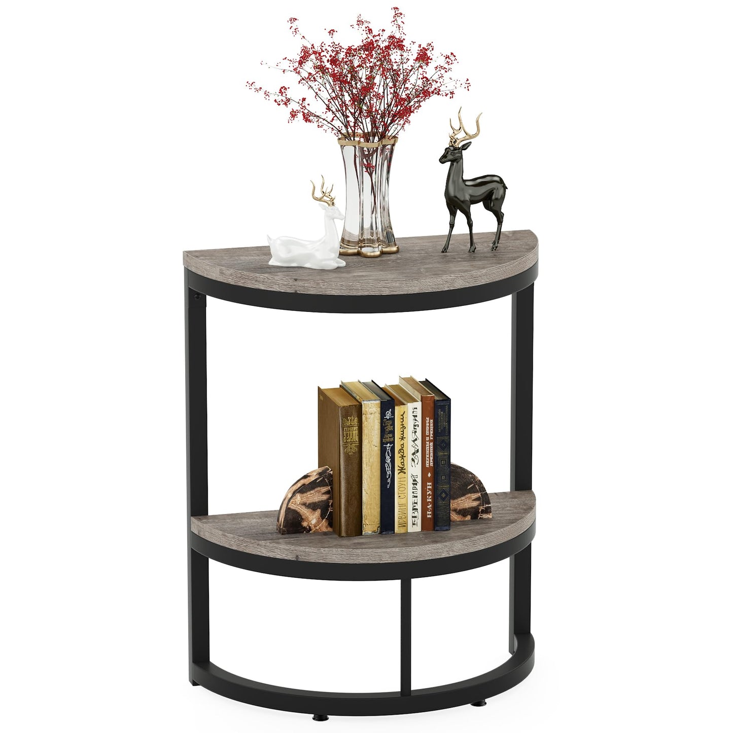 Tribesigns 2-Tier End Table Semi Circle, Small Half Round Side Table with Storage Shelf, Wood Accent Table Slim C Table for Sofa Couch, Living Room, Bedroom, Easy Assembly, Rustic Grey & Black