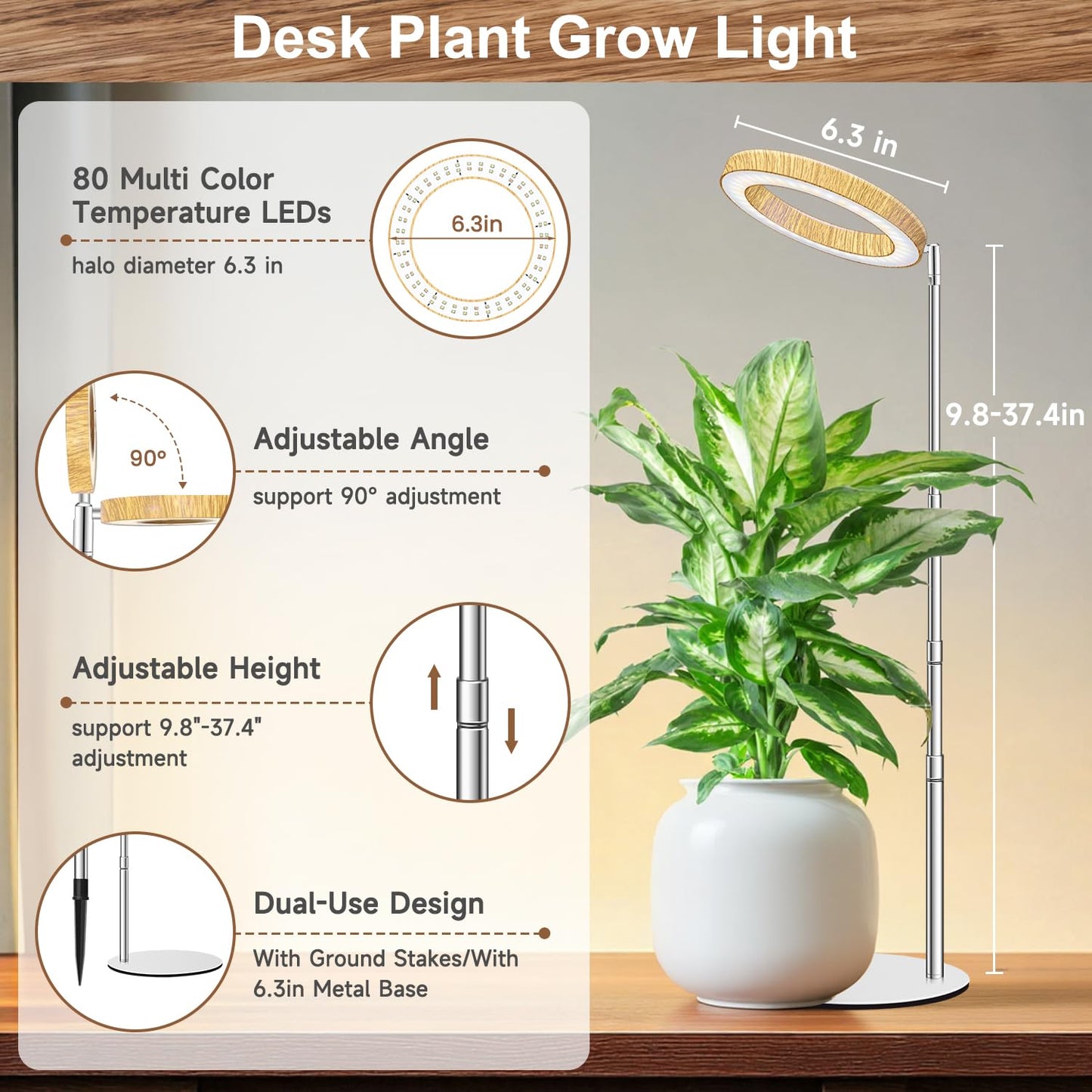 Aokrean Grow Lights for Indoor Plants, Full Spectrum Plant Lights for Indoor Growing with 6/12/16H Timer, 3 Optional Spectrums,5 Dimmable Levels, Height Adjustable 9.8"-37.4" Wood Grain Desk Grow Lamp