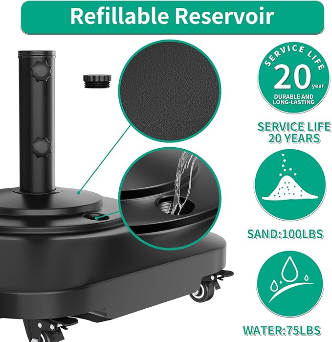 Umbrella Base with 5 Wheels, Upgraded 145lb Umbrella Stand Base, Heavy Duty & Windproof, Fillable Umbrella Base Mobile Umbrella Outdoor for Patio, Deck, Poolside, Lawn, Fits Most Sized Umbrellas
