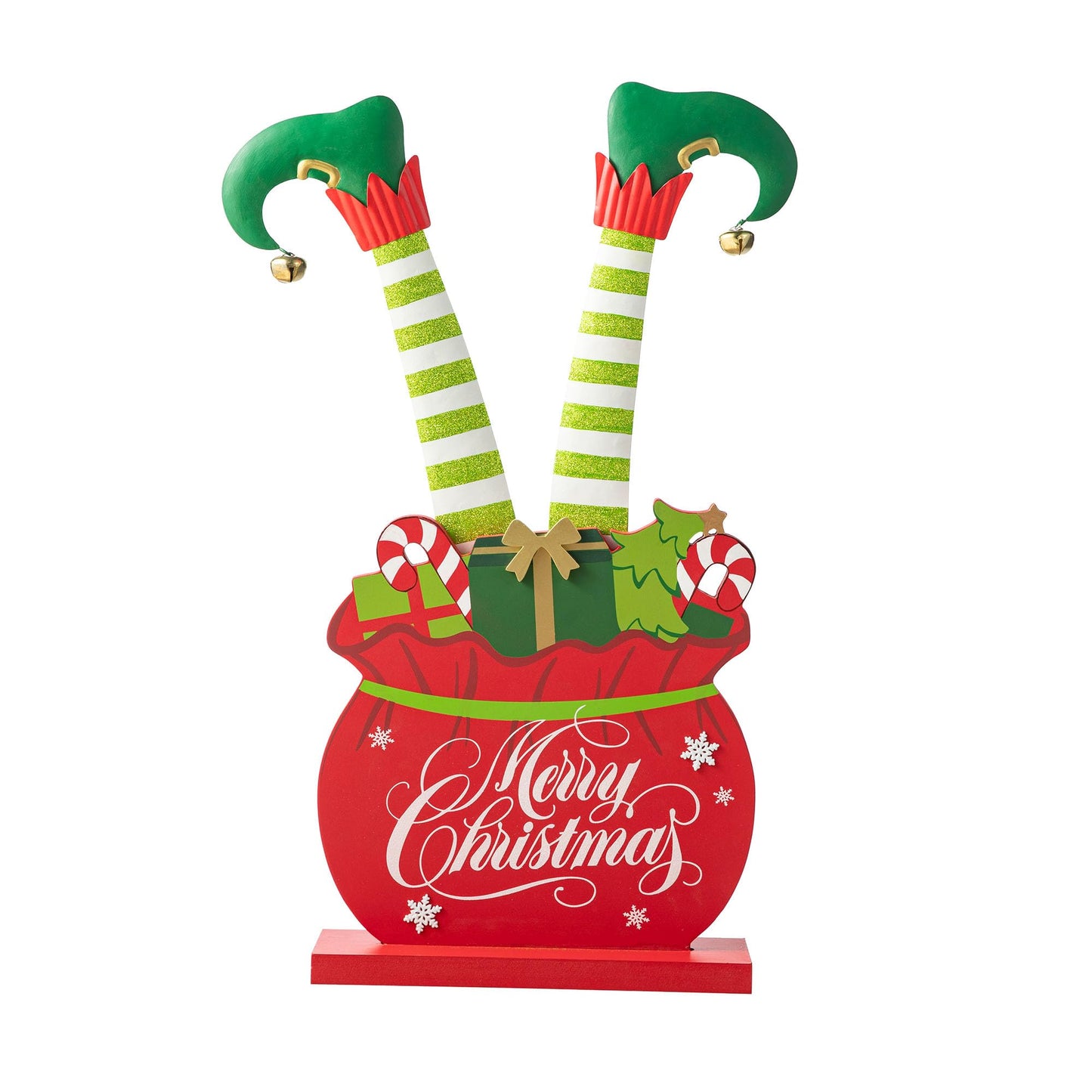 Glitzhome "Merry Christmas" Elf Legs Porch Sign, 24.5" Wood & Metal Gift Bag Display for Holiday, Festive Indoor Outdoor Welcome Greeting Decoration