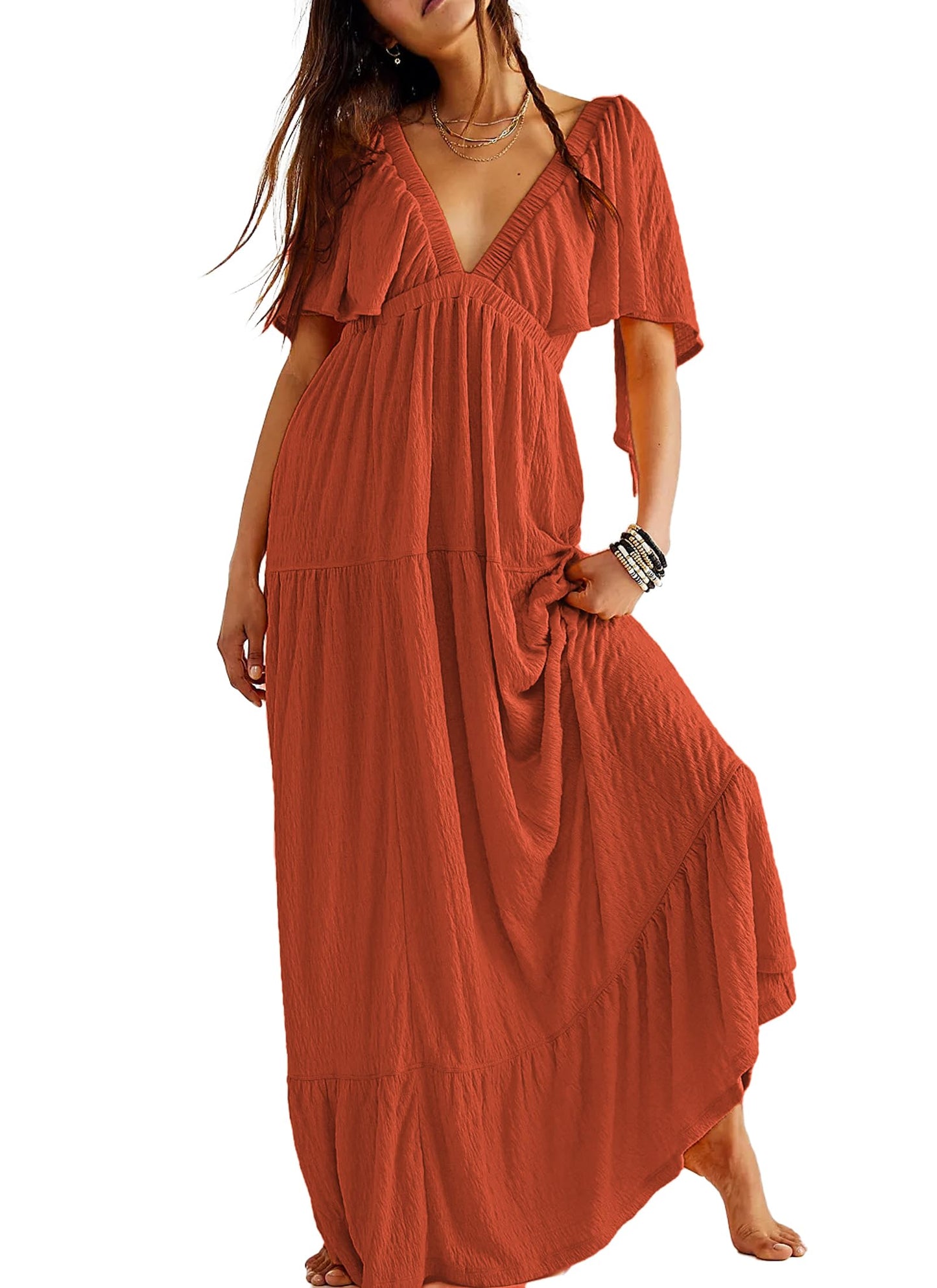 Kikibell Women Summer Dresses Sexy V-Neck Maxi Dress Tiered Silhouette with Flutter Sleeve Backless Elastic Waist Flowy Dress