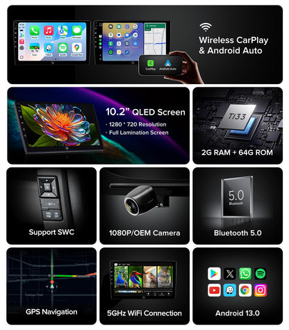 10" QLED Android 13 Car Stereo for Ford F150 2004-2008, F250 F350 2008-2016 Radio Upgrade Wireless CarPlay Android Auto Radio, Touchscreen, 5G WiFi,1080P Backup Camera, Dash Kit, GPS Navigation