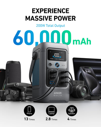 Anker SOLIX C200 DC Power Bank Station and 60W Solar Panel, 192Wh Portable Power Station, LiFePO4 Battery, 200W Solar Generator, For Outdoor, Camping, Traveling, and Emergencies