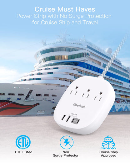 Flat Plug Power Strip, 6ft Ultra Flat Extension Cord - 3 Outlets 4 USB Ports (2 USB C) 22.5W/4.5A Desktop Charging Station, Power Strip No Surge Protection for Cruise Ship, Dorm Room Travel Essentials