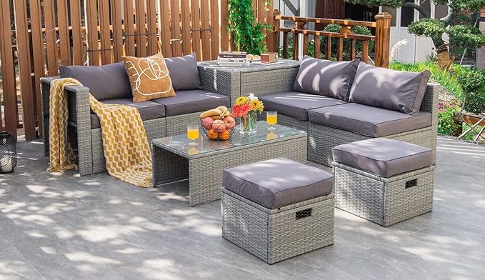 Tangkula 8 Piece Patio Wicker Furniture Set, Patiojoy Space Saving Outdoor PE
