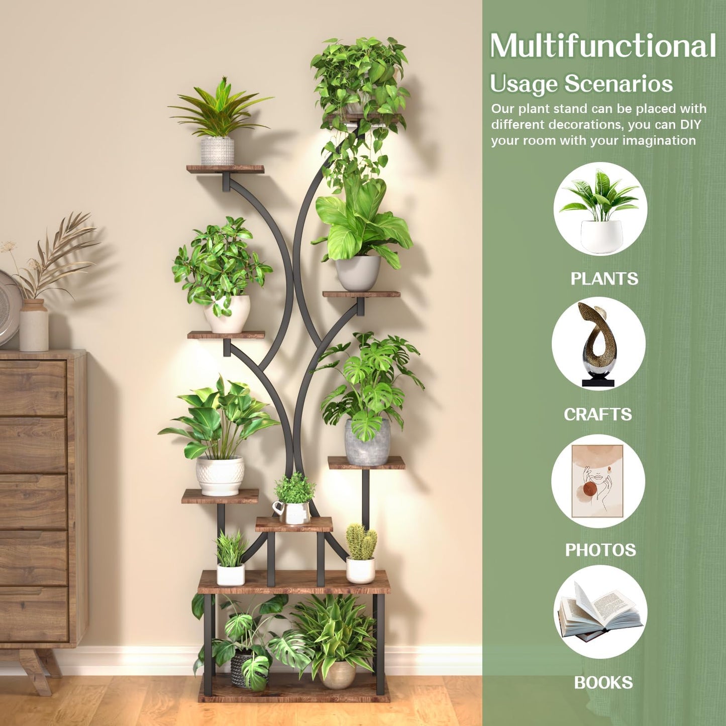 REFGY 65 inch Plant Stand Indoor with Grow Lights, 9 Tiered Metal Plant Stands Indoor, Tall Plant Shelf for Multiple Plants, for Living Room, Patio Balcony or Office (Rustic Brown)