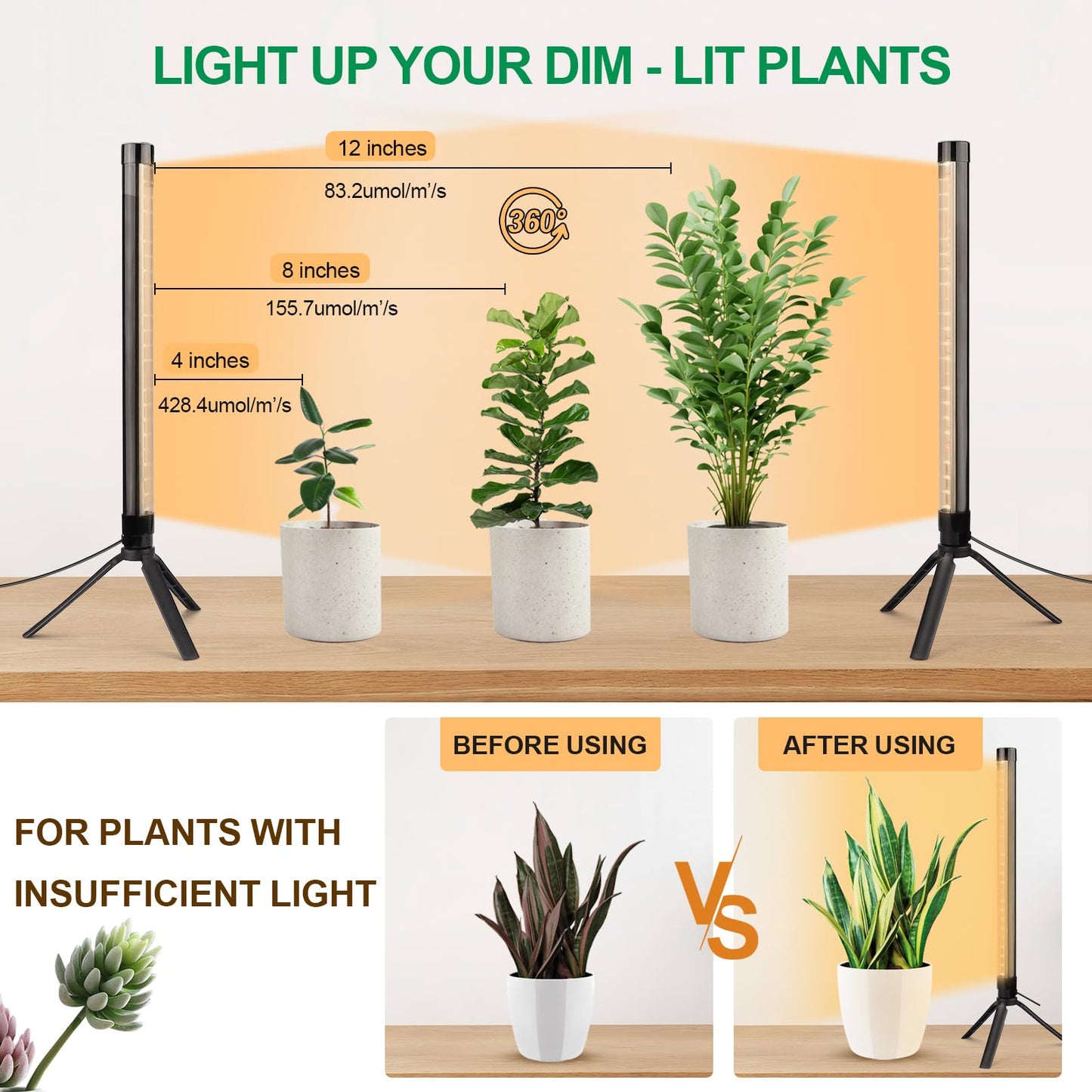 Yeenhoopy 2 Pack Grow Lights for Indoor Plants, Height Adjustable with On/Off Switch and Timer, Vertical Plants Grow Light for Indoor Plant Growth and Flowering