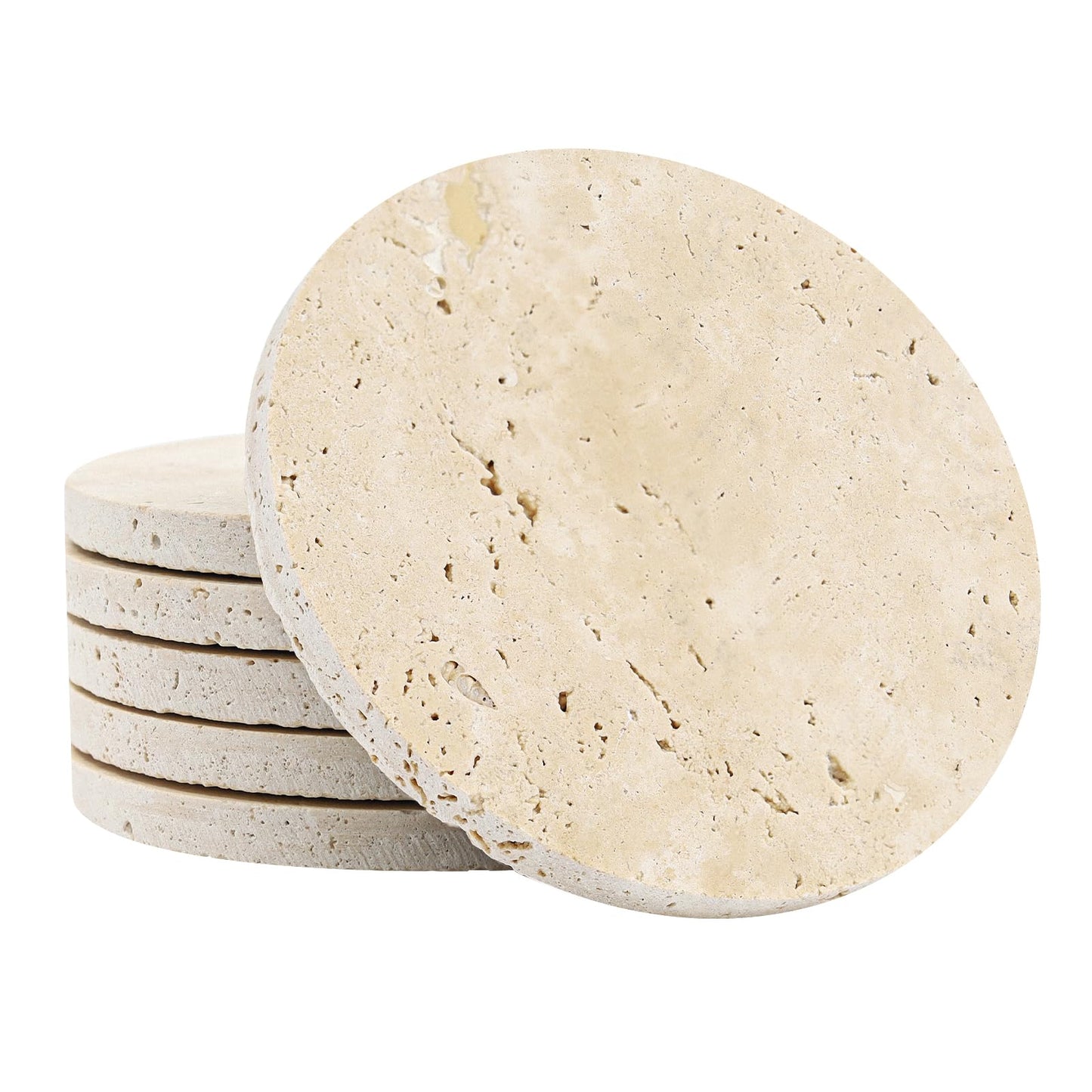YONGHEE Italian Travertine Coasters Set of 6, Farmhouse Rustic Neutral Style Marble Drink Coasters for Coffee Table Decor, 4 Inch Round Porous Natural Stone Absorbent Coaster, Housewarming Gift