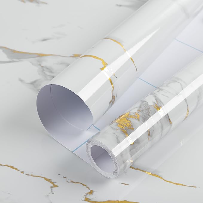 practicalWs Glossy Marble Wallpaper Peel and Stick White/Gold Granite Contact