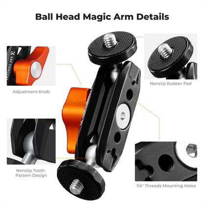 K&F CONCEPT Dual Ball Heads Magic Arm, Articulating Mini Magic Arm with 1/4" Screw, 360° Swivel Aluminum Alloy Camera Monitor Mount Arm for Camera, Light, Microphone, Monitor
