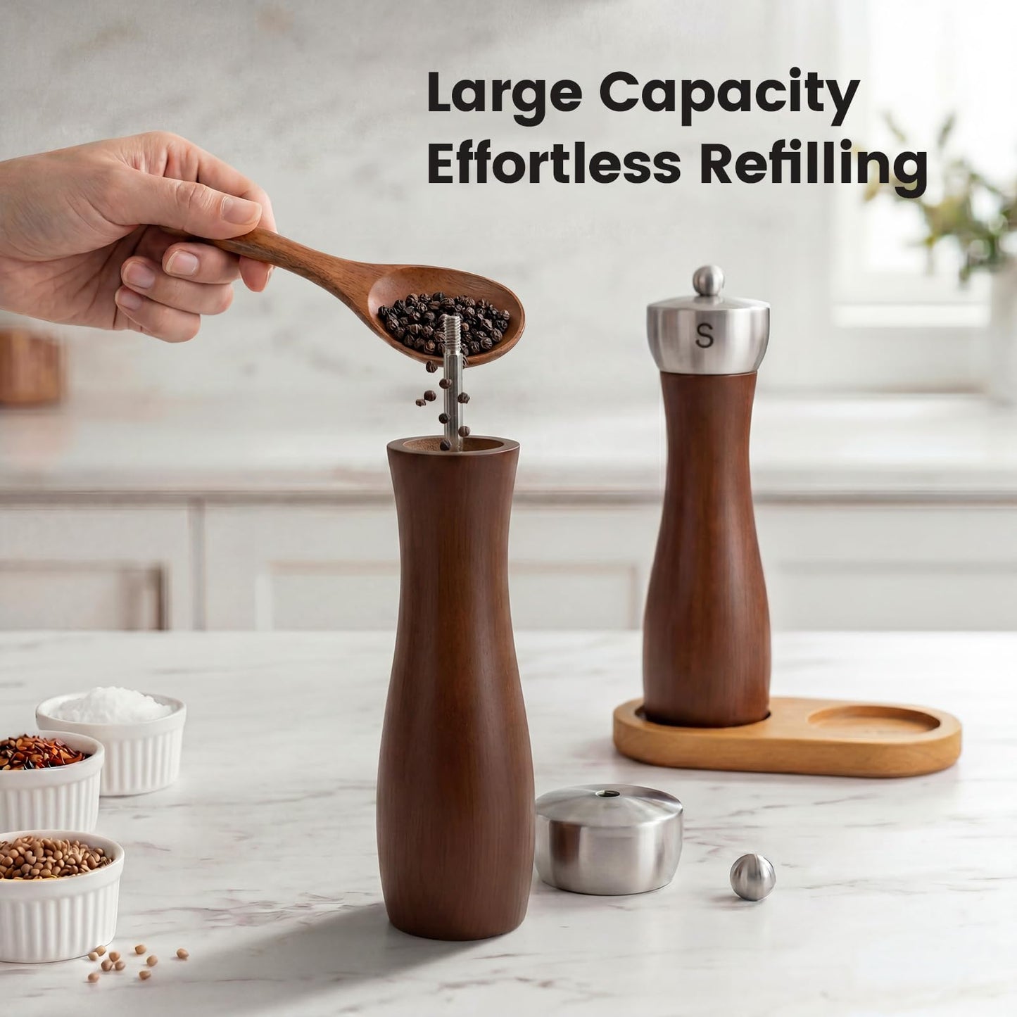 Newise Salt and Pepper Grinder Set, Manual Wooden Salt and Pepper Mills Shakers with Ceramic Core and Wooden Stand, Adjustable Coarseness, Refillable Salt Grinder for Home Kitchen