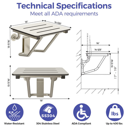 Stardrix 18" x 16" ADA Compliant Phenolic White Folding Shower Seat Bench, Wall Mount Foldable Bathroom Shower Chair with Stainless Steel Support, 400 lbs Capacity