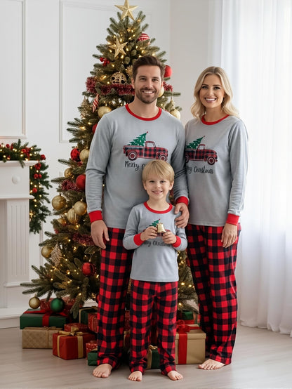 IFFEI Matching Family Pajamas Sets Christmas PJ's Sleepwear Truck Print Top and Plaid Pants with Pocket 6-7 Years