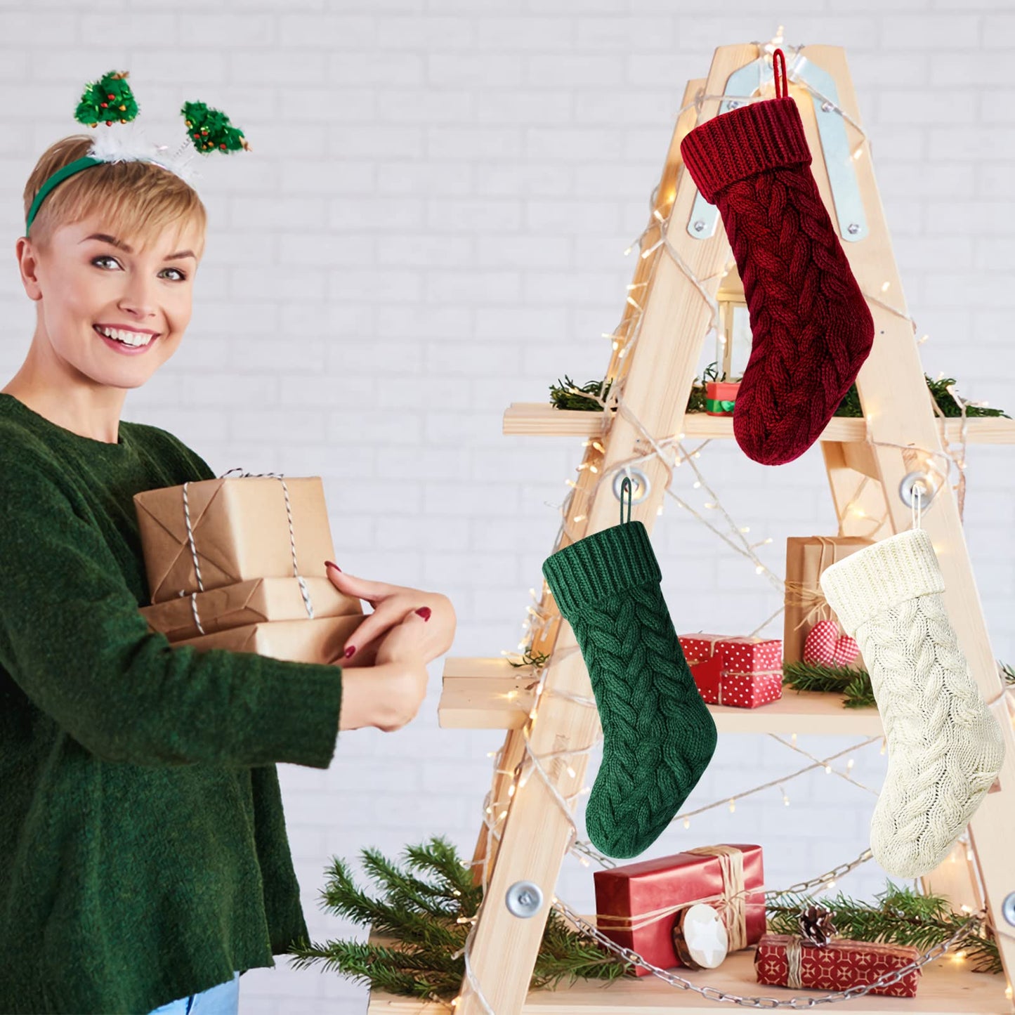 Kunyida 18 Inches Burgundy, Ivory, Green Knitted Christmas Stockings,3 Pack