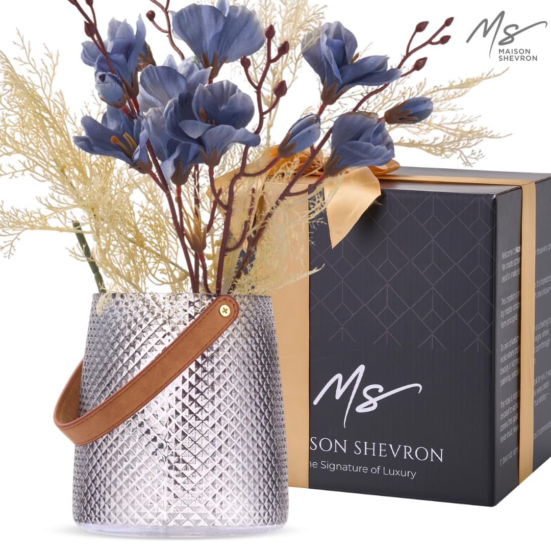 Nordic Handcrafted Crystal Glass Flower Vase with Vegan Leather Handle – Smoke Gray Diamond Textured – Modern Decorative Centerpiece for Dining Table, Coffee Table & Luxury Home Decor