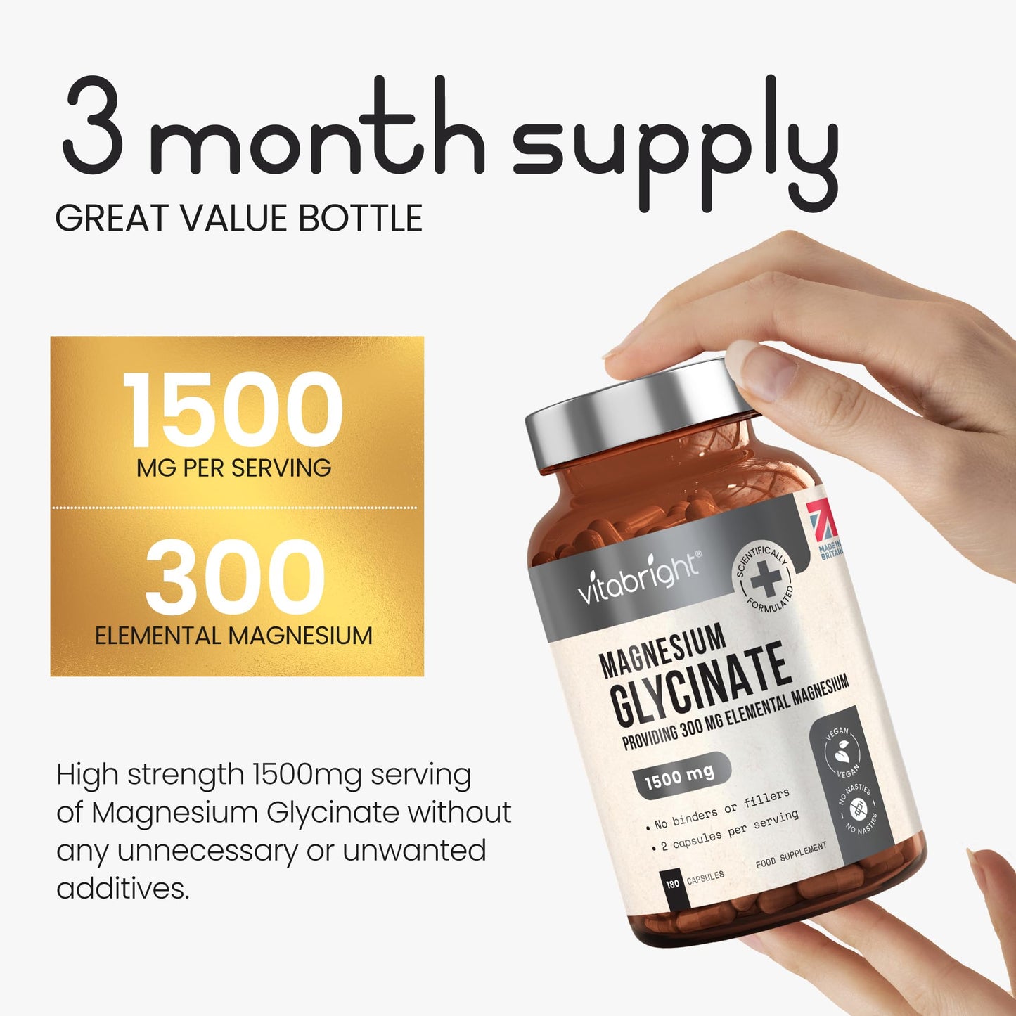 VitaBright Magnesium Glycinate | 180 Capsules | 2 A Day | 1500mg Mag Bisglycinate | 300mg Elemental Mag | High Strength Magnesium Supplements for Women - Men - Adults
