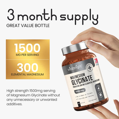VitaBright Magnesium Glycinate | 180 Capsules | 2 A Day | 1500mg Mag Bisglycinate | 300mg Elemental Mag | High Strength Magnesium Supplements for Women - Men - Adults