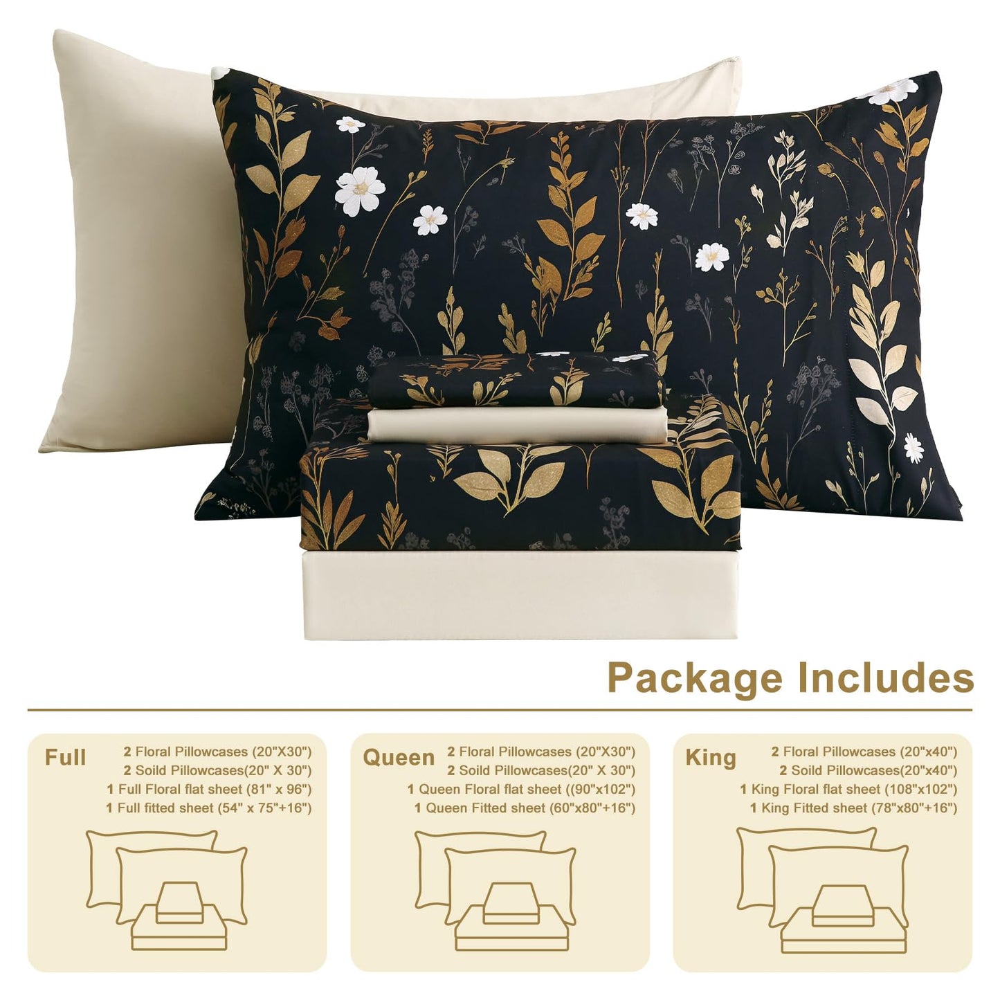 Botanical 6-Piece Full Size Sheets Set, Boho Floral Print Brushed Microfiber Sheets, Cooling Bed Sheet Set, Ultra Soft & Breathable, 16' Deep Pocket Fitted Sheet & Pillowcase Set, Beige Brown Leaves