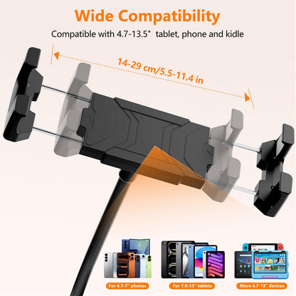 Gooseneck Tablet Holder, 19.69" Metal Crab Clamp iPad/iPhone Mount for Stroller/Treadmill/Golf Cart/Boat/Mic Stand/Gym Bicycle Handlebar Clamp/Desk, Compatible with 4-13" iPad Pro/Air/Mini/E-book