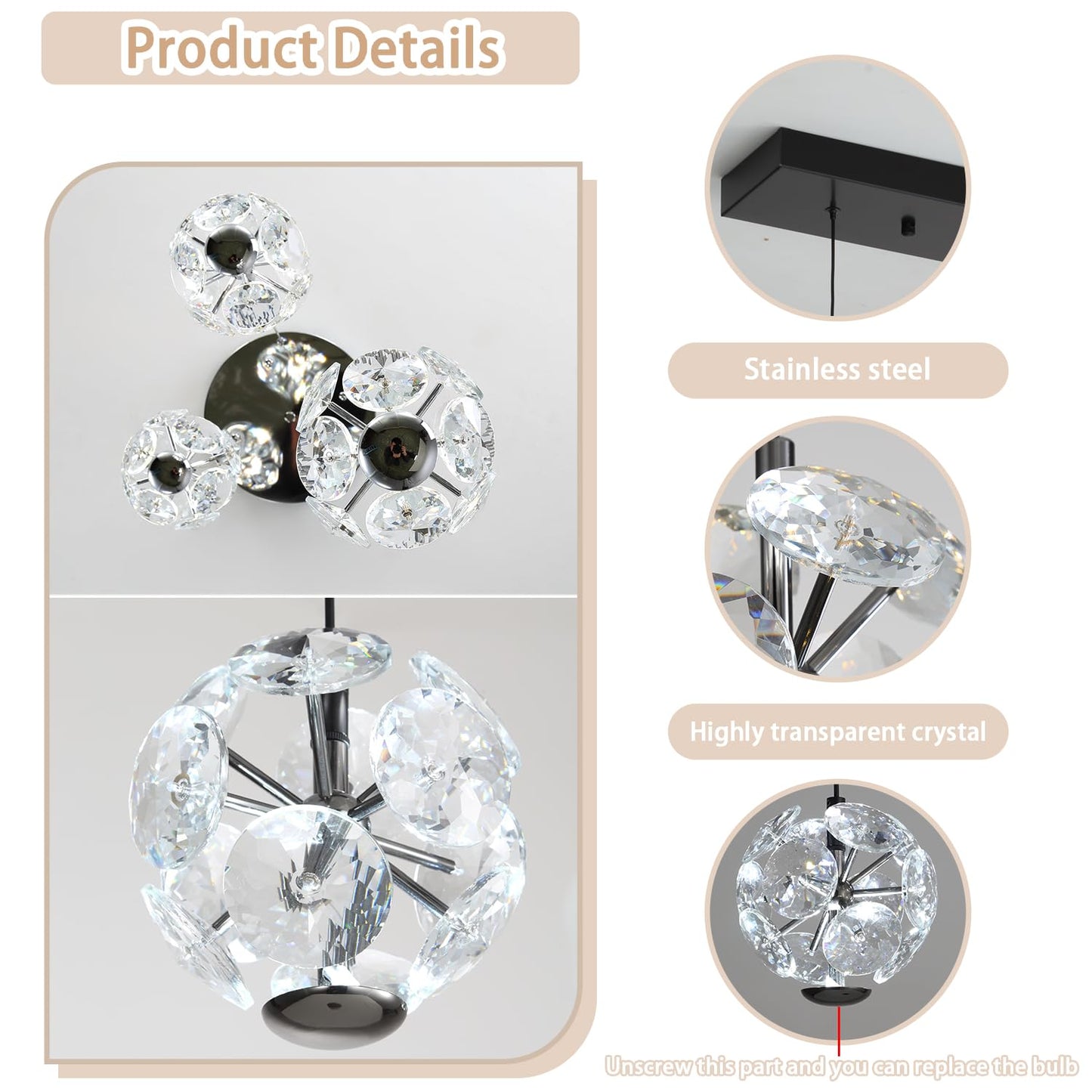ykolupty 5-Lights Crystal Globe Pendant Light Kitchen Island Black Linear Chandeliers for Dining Room,LED Dimmable Globe Chandelier for Kitchen Living Room Foyer