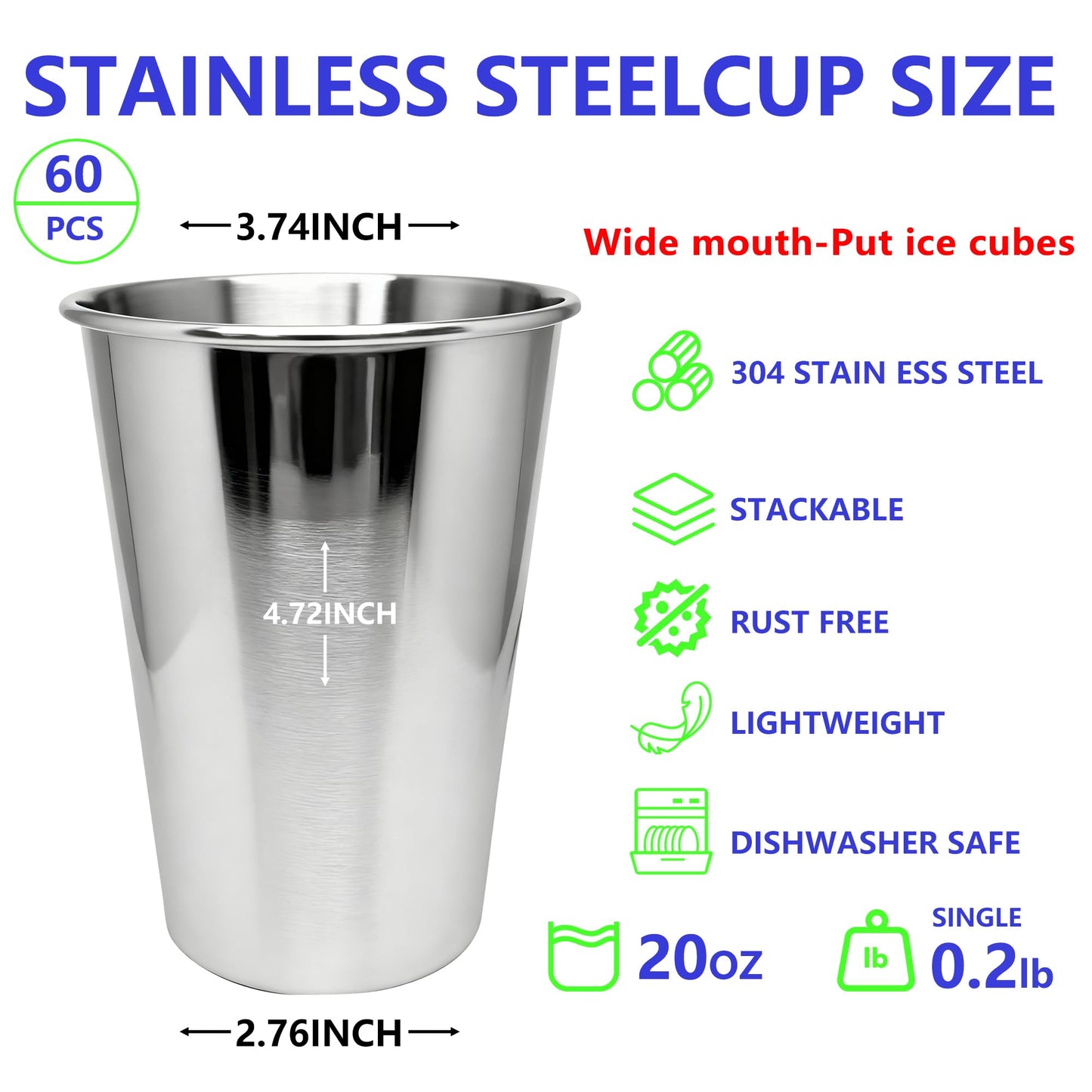 WELVRVIR 20oz 60PCS Stainless Steel Pint Cup,Pint Tumbler,Reusable metal Cups,Stainless Steel Water Tumbler,BPA Free,Stackble,Durable,Unbreakable Metal Drinking Glasses for Bar,Banquet Mugs (60, 20OZ)